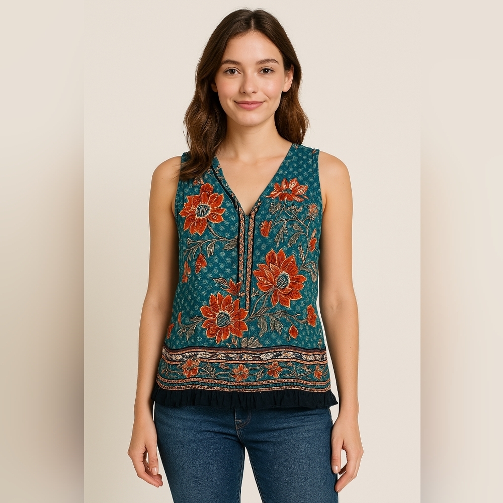 DANIEL RAINN Bohemian Floral Teal,Orange Sleeveless Western Flowy Top - (#185)